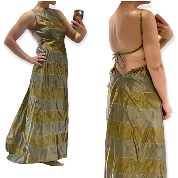 Jessica mcClintok Y2k 2000 olive green striped satin formal maxi dress xs 2 - Picture 4 of 9